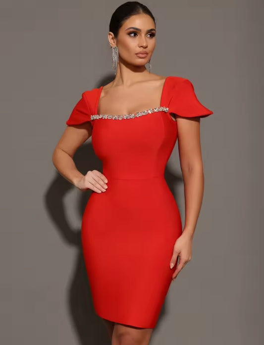 Women Celebrity Sexy Square Collar Red Mini Bodycon Bandage Dress