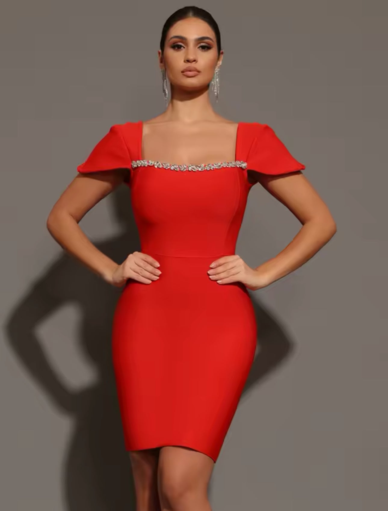 Women Celebrity Sexy Square Collar Red Mini Bodycon Bandage Dress